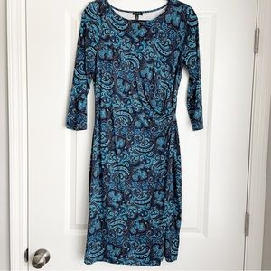 TALBOTS Blue Paisley Print Faux Wrap 3/4 Sleeve Dress Size Medium